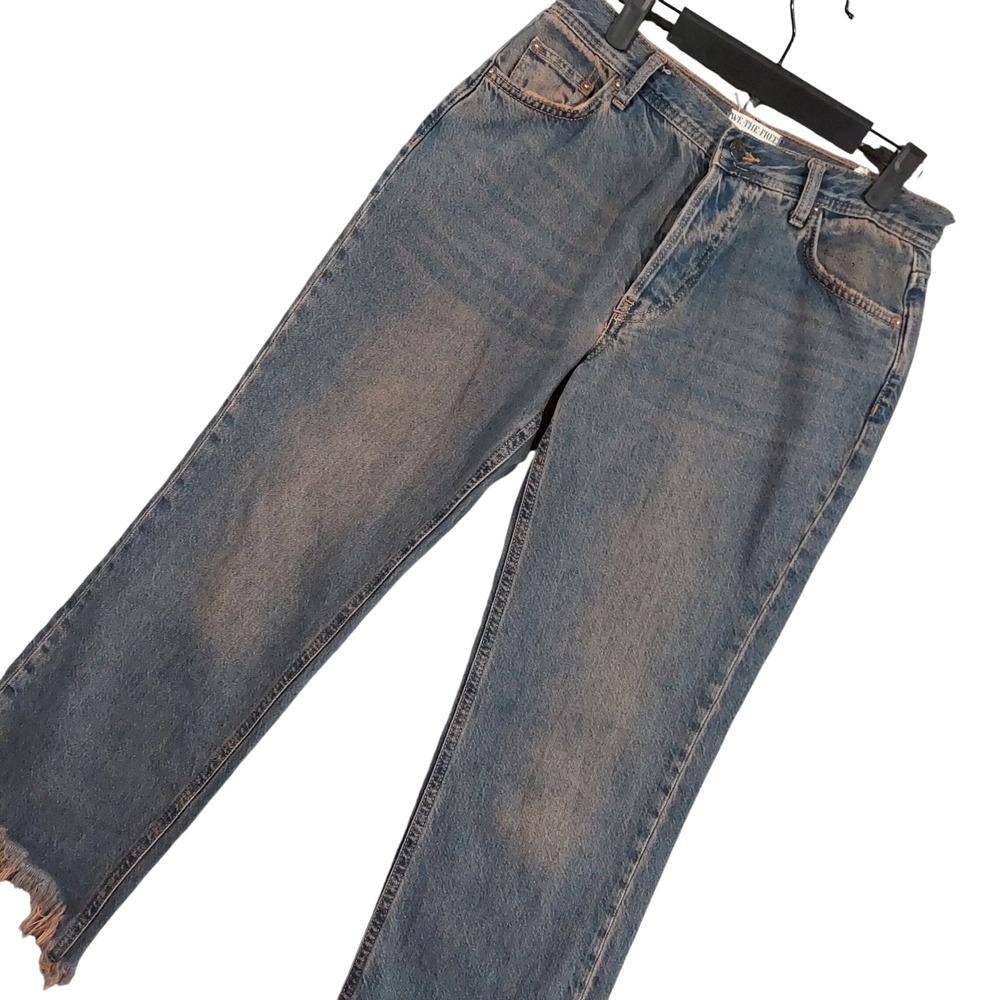 We The Free Jeans Women 29x27 Blue Straight Leg High Rise Frayed Hem Distressed